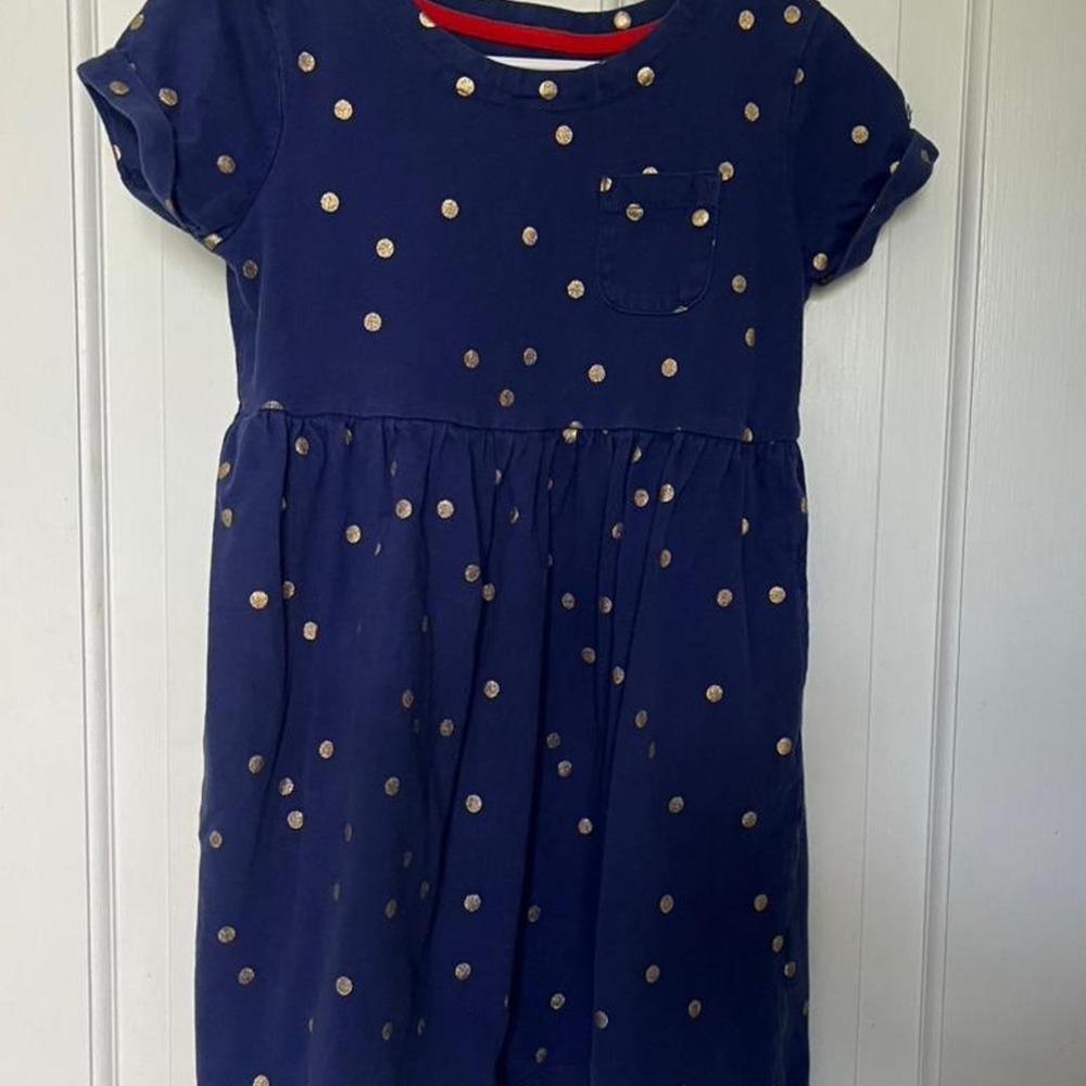 Mini Boden navy blue gold polka dot dress. Size: 5 years